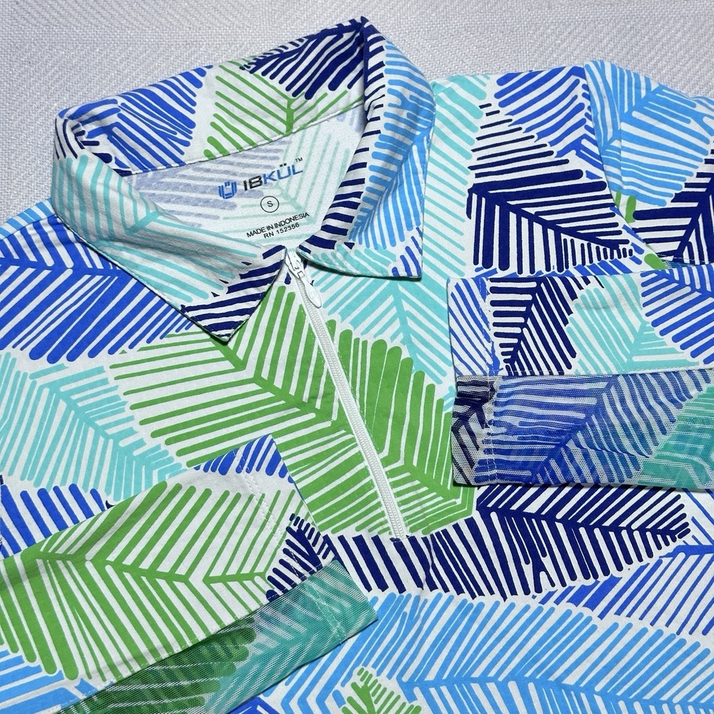 IBKUL Top Womens Small 1/4 Zip‎ Tropical Palm Leaf Print Mesh Performance Active